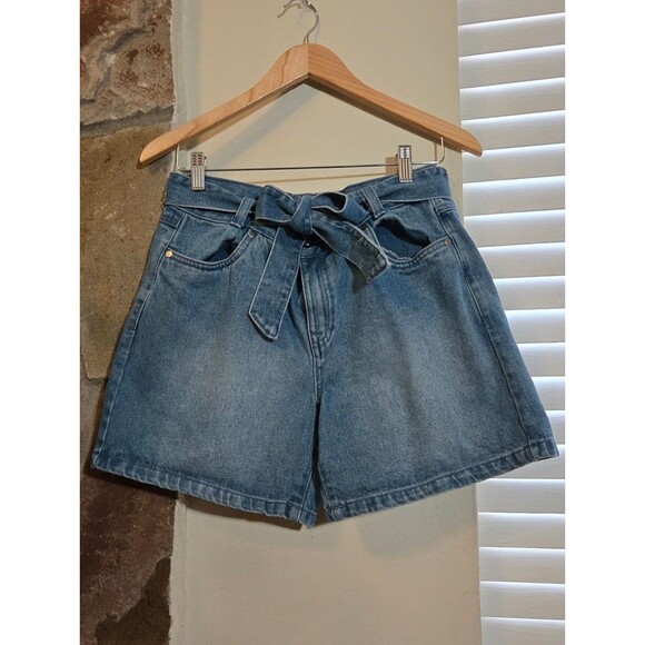 A.M. London Pants - A.M. London Twee Denim Shorts with Tie Belt - High Waist 100% Cotton